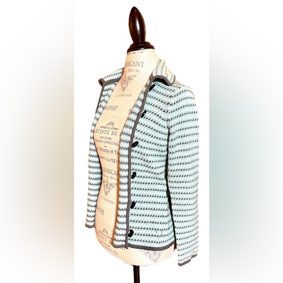 Ann Taylor LOFT Blue Gray & White Print Button up Belted Collared Cardigan Sz M - Picture 6 of 9